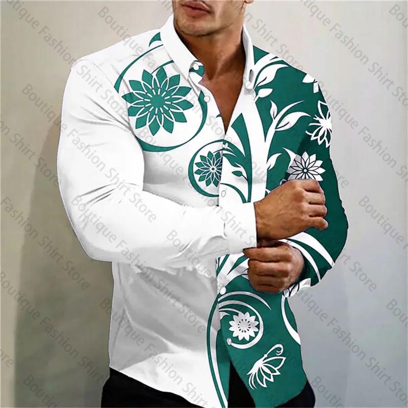 2024 New Multi-color Flower Printed Fashion Shirt, for Social Gatherings, Men's Lapel Long-sleeved Shirts Increase XS-6XL