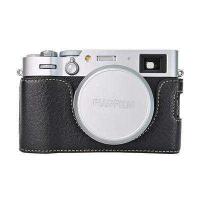 Litchi Skin PU Leather Half Case for Fujifilm X100VI Fuji X100VI Battery Opening Cover With Shoulder Strap