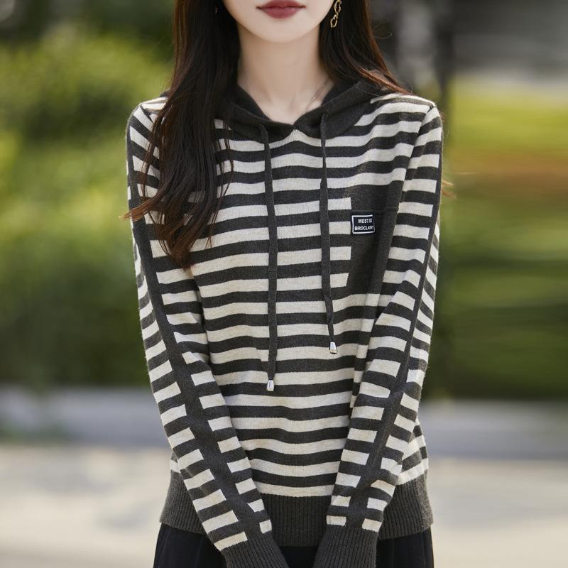 

Striped Hooded Pullover Bottom Knitted Sweater Women s Jacket Sweater Loose Casual Fashion Reducing Top Hoodie Sweater S