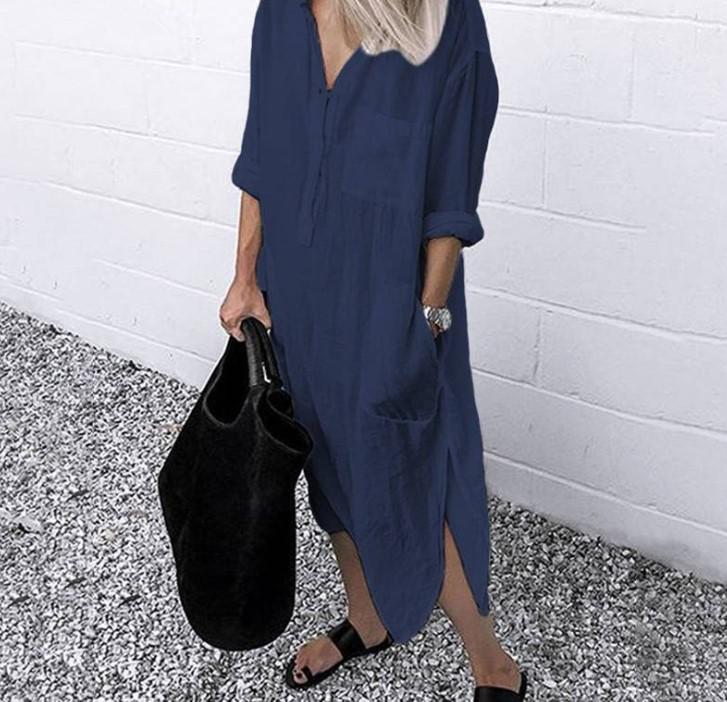 2025 Summer-Autumn Elegant Solid Color Rivet Button Long Shirt Dress