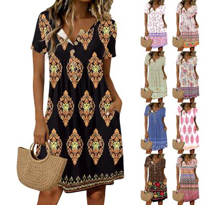 Robe Casual Imprimé Rétro à Manches Courtes Boutonnée pour Femme