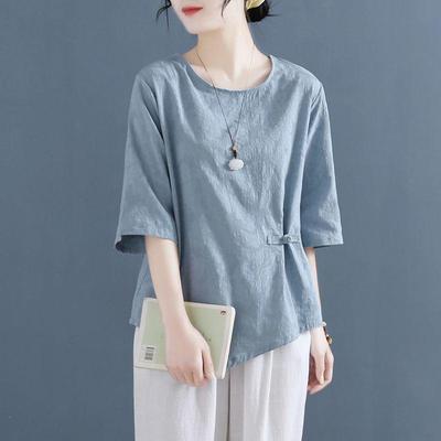 Women's Cotton Linen Short Sleeve Retro Top - Loose Fit, Summer Style Irregular T-Shirt