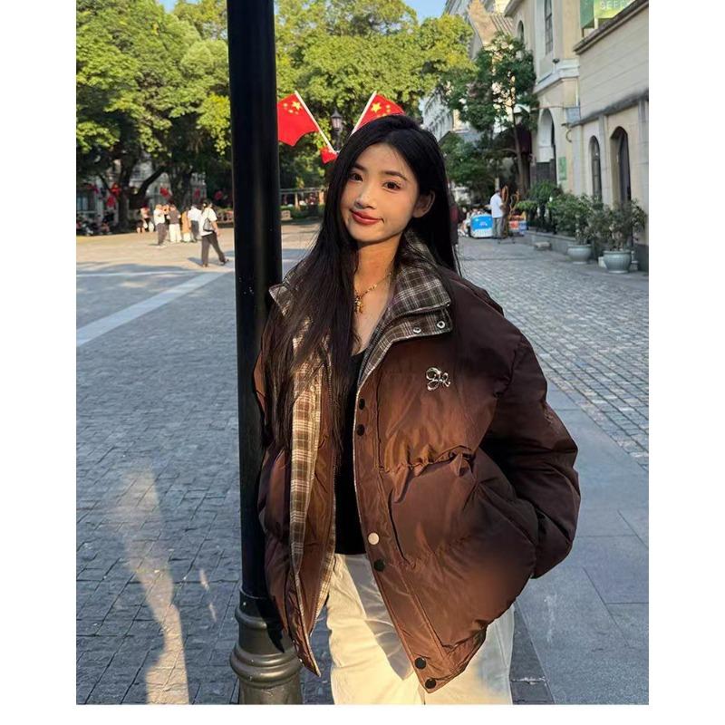 

Winter warehouse fake two-piece splicing down cotton jacket women s winter design sense loose warm bread clothing M темно-коричневого