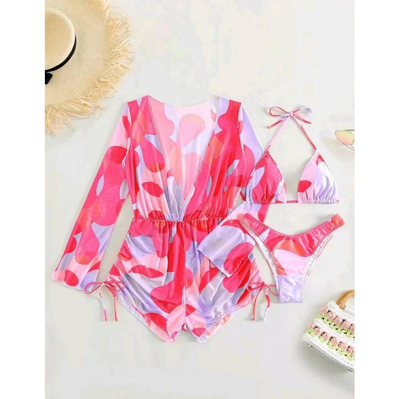 3 Piece Sexy Bikini Set Long Sleeve Sheer Mesh Cover Up Colorful Print Deep V Summer Beach Vacation Bathing Suit Swimwear