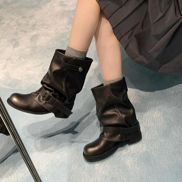 Genuine leather~ inner height increase western cowboy pile boots women's 2025 autumn pleated trousers short boots retro knight martin boots