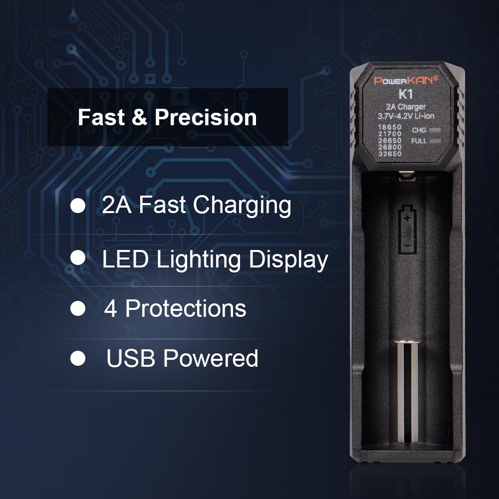 POWERKAN K1 1 Slot Smart Charger, Type-C Fast Charger for 18650 21700 26650 Li-ion Batteries