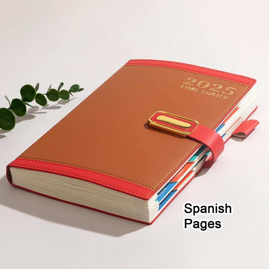 A5 Leder 2025 Geschäftsplaner Notizbuch, Englisch/Spanisch/Französische Seiten, Studenten Tagesplaner, Notizblock, Memo