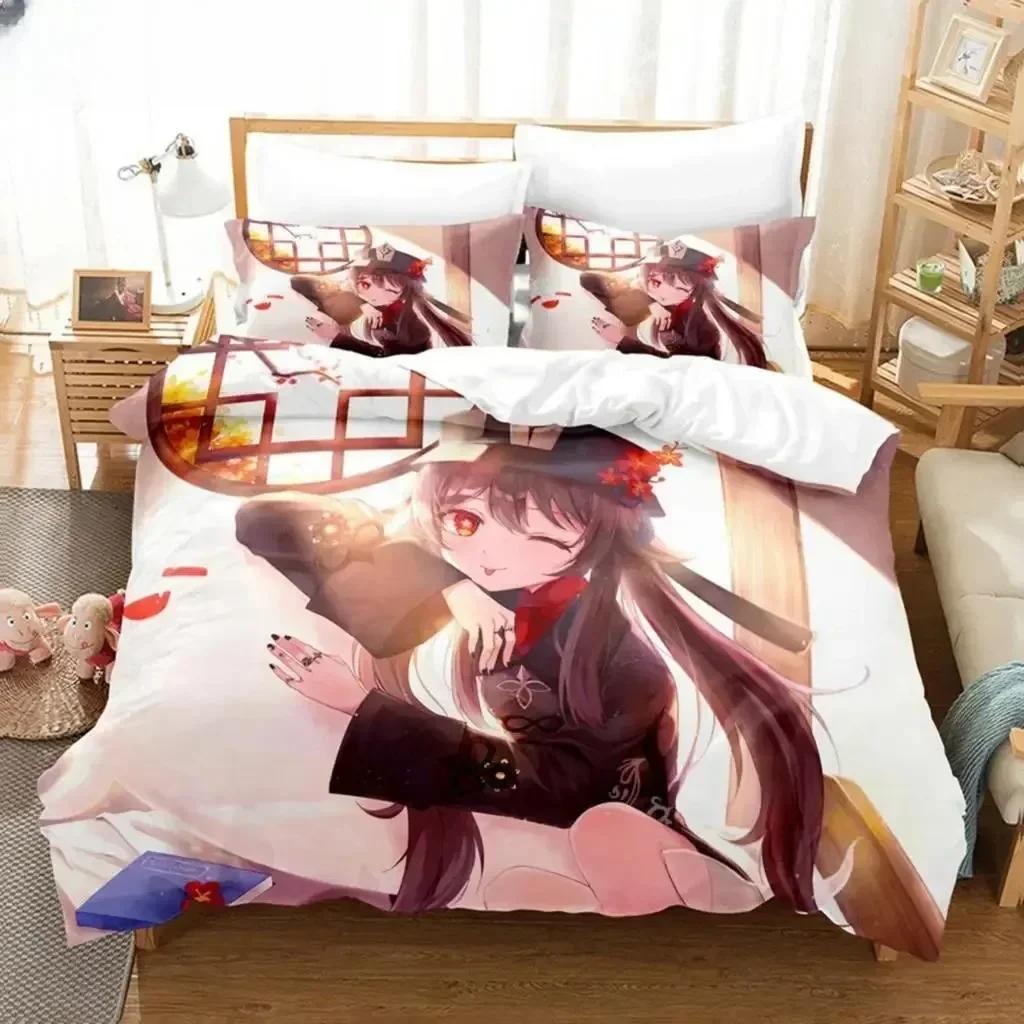 New 3D Anime Hu Tao Genshin Impact Bedding Set Printed Bed Set With Pillowcase Duvet Cover Soft Queen King Size Bedclothes Home