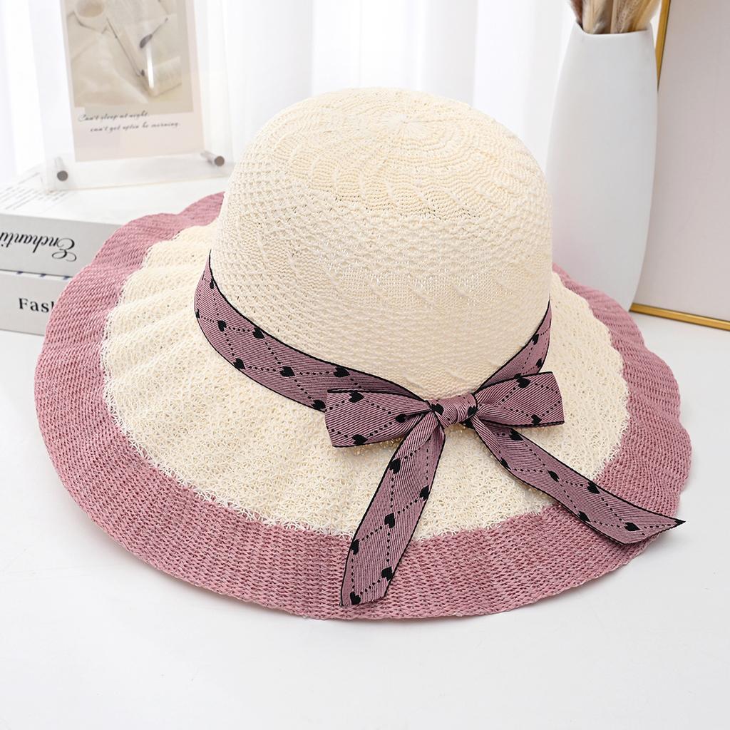 Summer Bow Beach Hat Women's UV Resistant Sun Hat Two Tone Large Edge Sun Protection Straw Hat