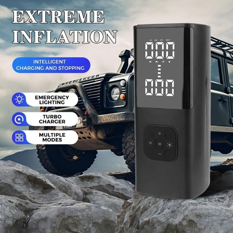 Bike Car Starting Device Jump Starters Digital Tire Inflator, with LED Light for Unexpected Low Tire Pressure Situations