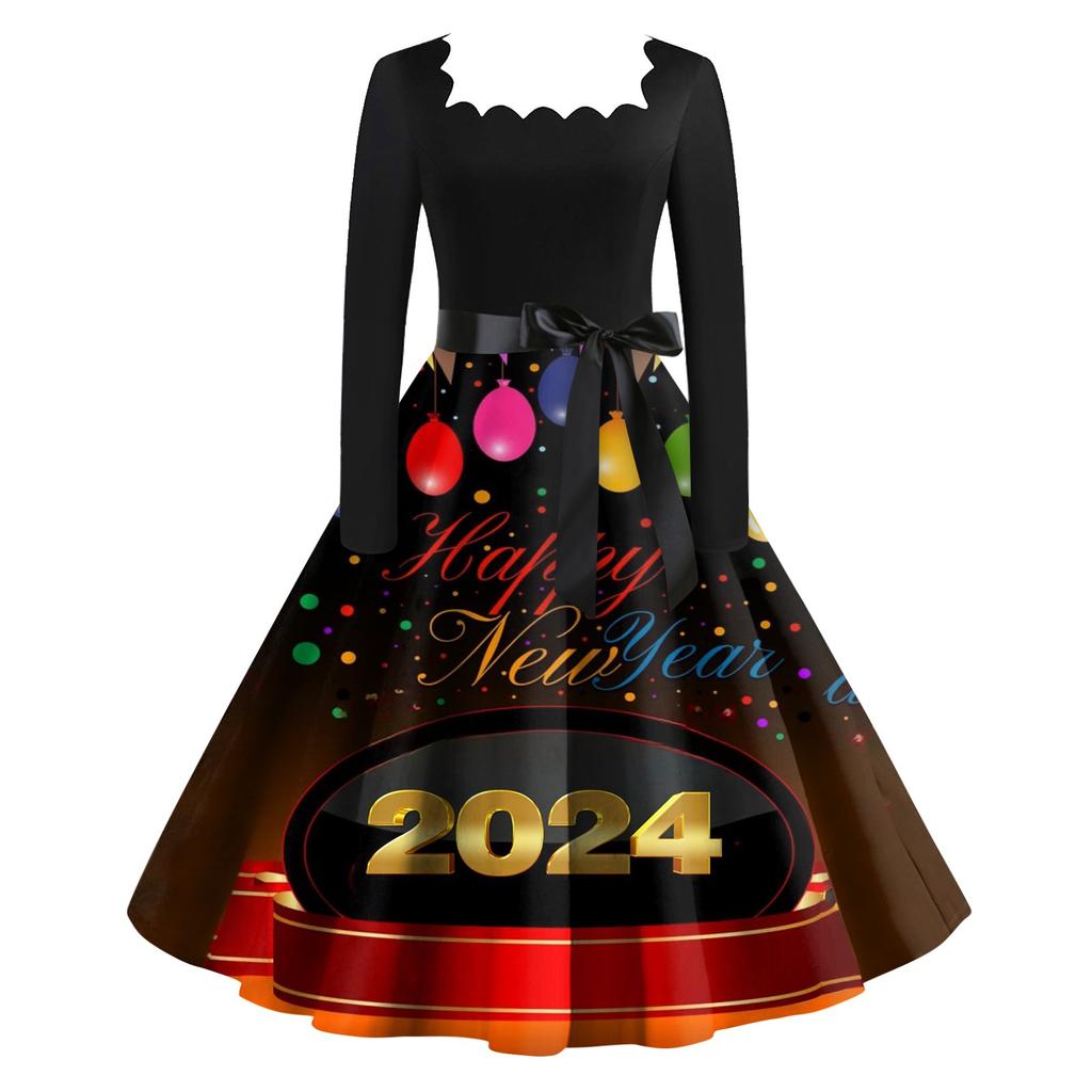 Dámské klasické klasické šaty s dlouhým rukávem 2024 s novoročním potiskem, houpací šaty se čtvercovým výstřihem