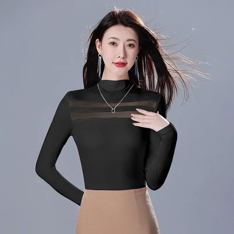 

Осенняя трикотажная футболка с длинным рукавом, однотонная женская футболка, приталенная полуводолазка, футболки, повседневные узкие футболки 29839 S чёрный