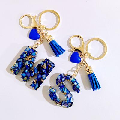Blue 26 Initials Alphabet A To Z Letter Keychain Heart-Shaped Tassel Keyrings Fashion Bag Hanging Ornament Women Jewelry Gifts