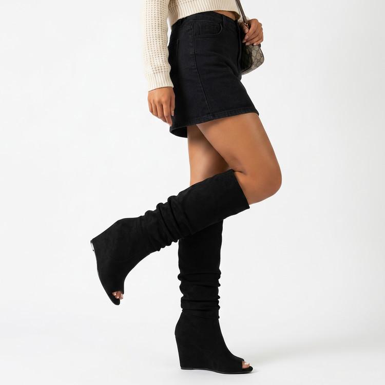 Black Suede Pile Boot Cover High Heel Sandals Autumn and Winter Long Tube Fish Mouth Slope Heel Skinny Boots