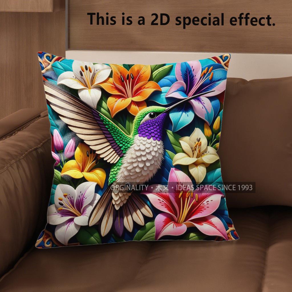 2D Hummingbird Floral Tropical Throw Pillow Covers Pattern Cushion Cover Suitable For Sofa Bedroom Car Pillow Cover