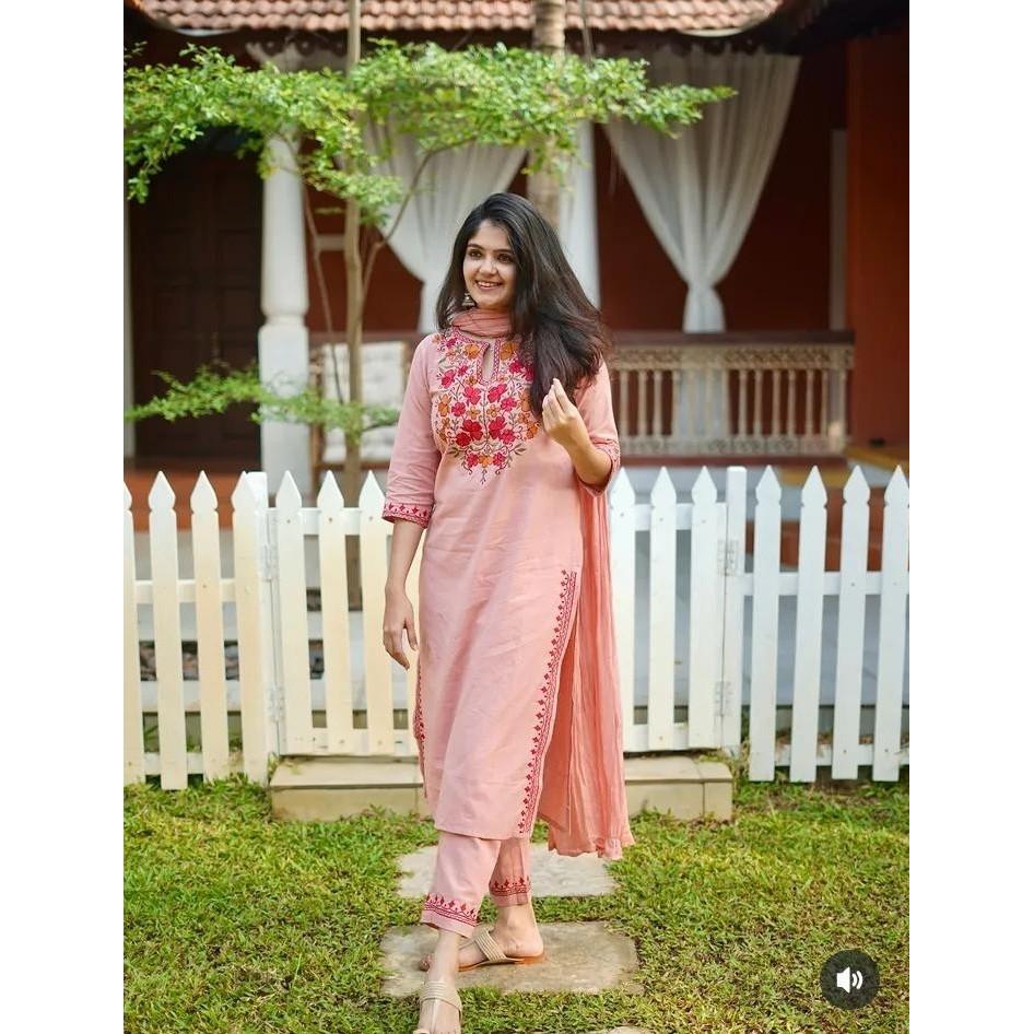Heavy Cotton Designer Kurta Set Indian Bollywood Ethnic Kurti Pant Dupatta Set L-40