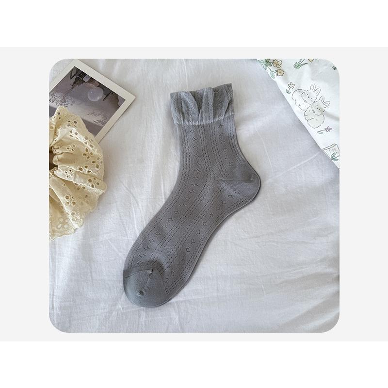 Spring and Summer Thin Mesh Perforated Mid-calf Socks, Lace Sweet Ballet-style Breathable Socks