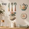 Artificial Wood Wall Decorations 7Pcs 2D Flat Kitchen Wooden Decor, Retro Teapot Tableware Themed Adhesive Art for Dining Area Art, Self?Adhesive