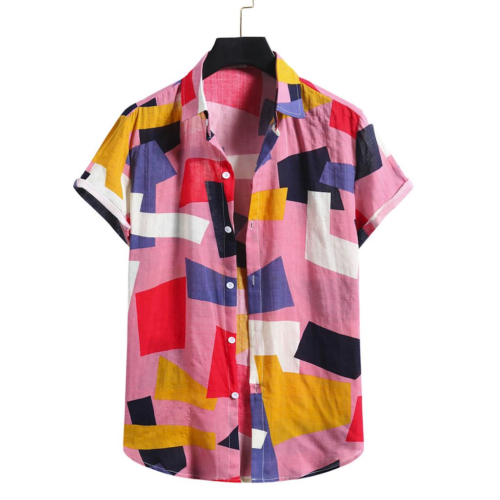 Men's Fashion Cotton Linen Print Short Sleeve Button Shirt Blouse Top