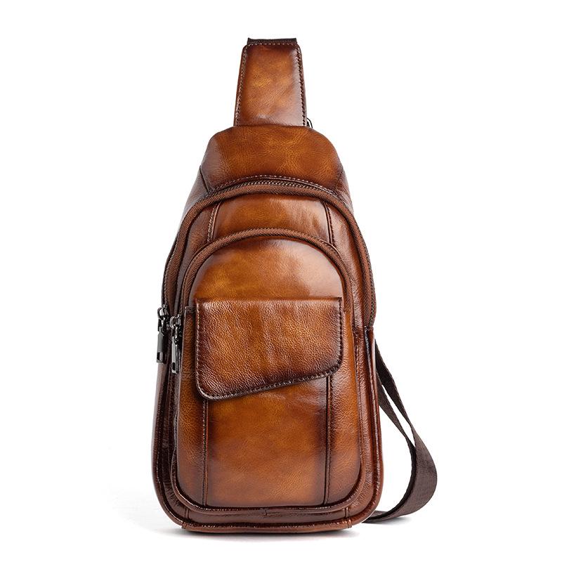 Men's Genuine Leather Chest Bag - Top Layer Cowhide, Crossbody, Fashionable, Retro, Versatile, High-End Style