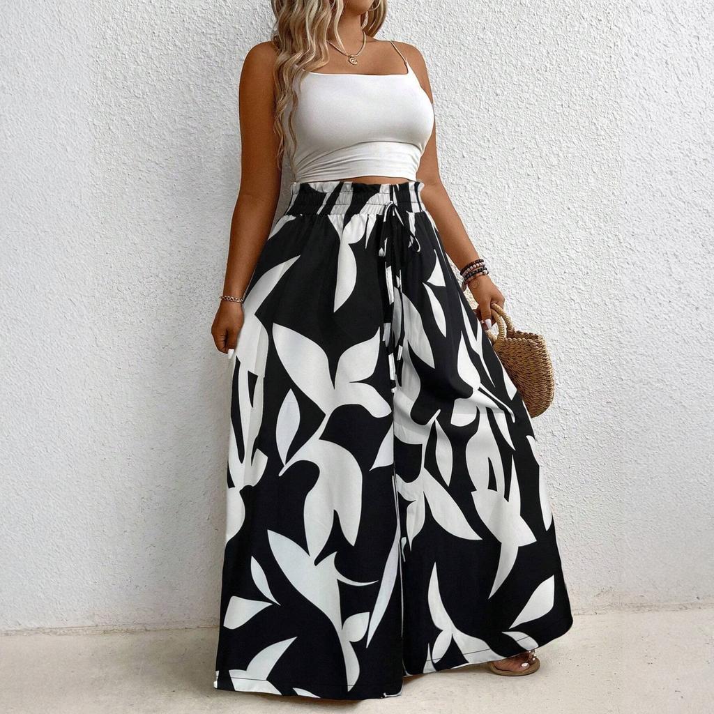 Women’s Loose Fit Printed Wide Leg Palazzo Pants with Elastic Waistband and Flowing Skirt Style Comfortable Design
