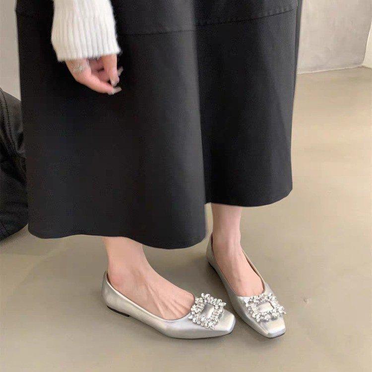 Strass leicht Mund weicher Boden flache Sohle EinzelSchuhe Frühling Französisch hoher Sinn Silber quadratischer Kopf Abendschuhe Damenschuhe