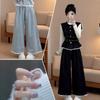 Spring Plus Size Layered Vest & Wide-Leg Jeans Fashionable Three-Piece Set