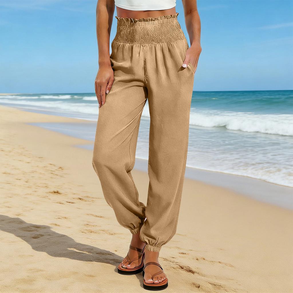 Women's Fashion Color Elastic Waist Pocket Loose Leg Tight Casual Pants