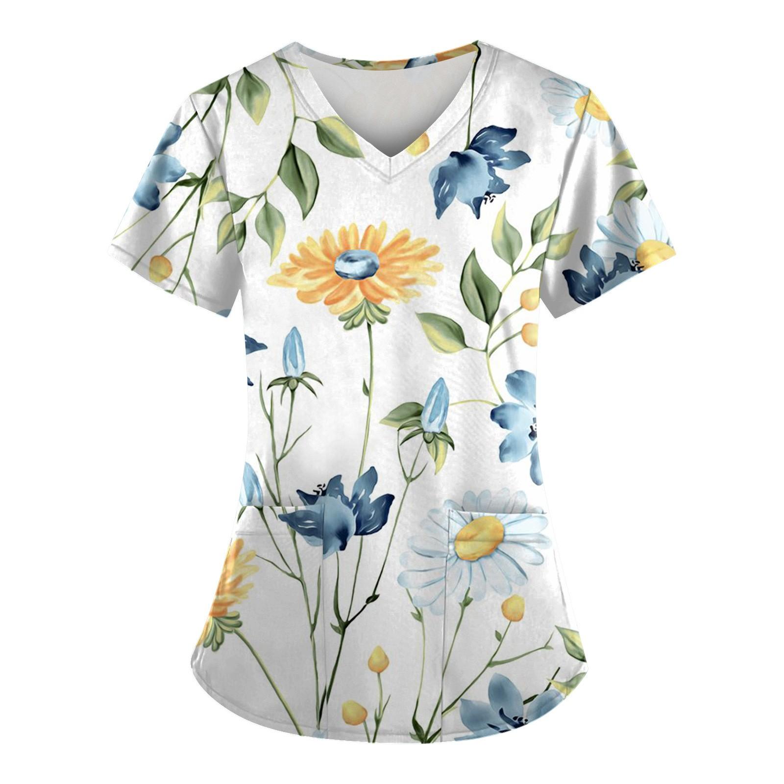 

Women Fashion Spring And Summer Oil Painting Print V-neck Short Sleeve Workwear With Pockets Tops S білий