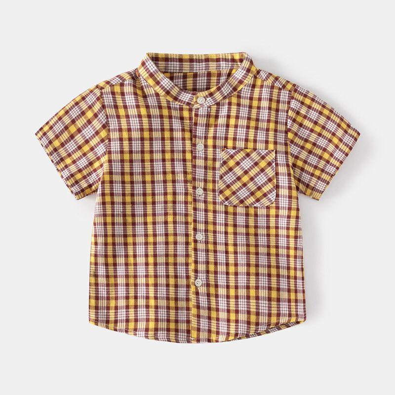 Summer Chessboard Small Brown Plaid Stand Collar Kids Short Sleeve Shirt Clear Casual Children Shirt Boy Tops Children s Clothing Group 16 Chessboard Small Yellow Grid 90