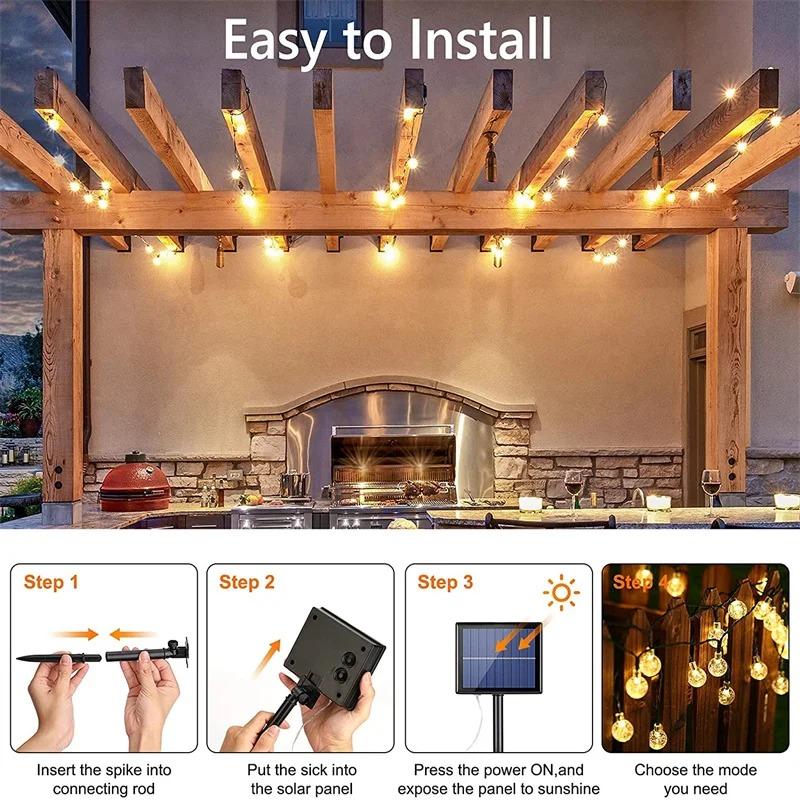 1PCS Solar String Lights Outdoor 50 Led Crystal Globe Lights with 8 Modes Waterproof Solar Powered Patio Light for Garden