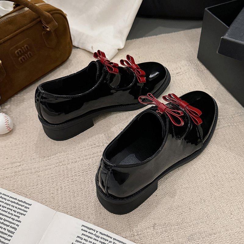 

2025 festive high-heeled bow single shoes Mary Jane retro high with small leather shoes with small skirts 42 красный