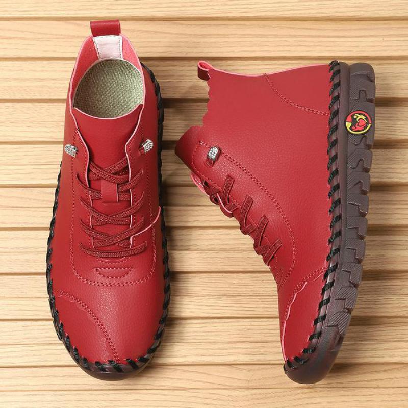 Women Shoes Autumn Red Leather Loafers for Women Lace Up Sneakers Casual Platform Women's Ankle Boots Winter High Top Sneakers