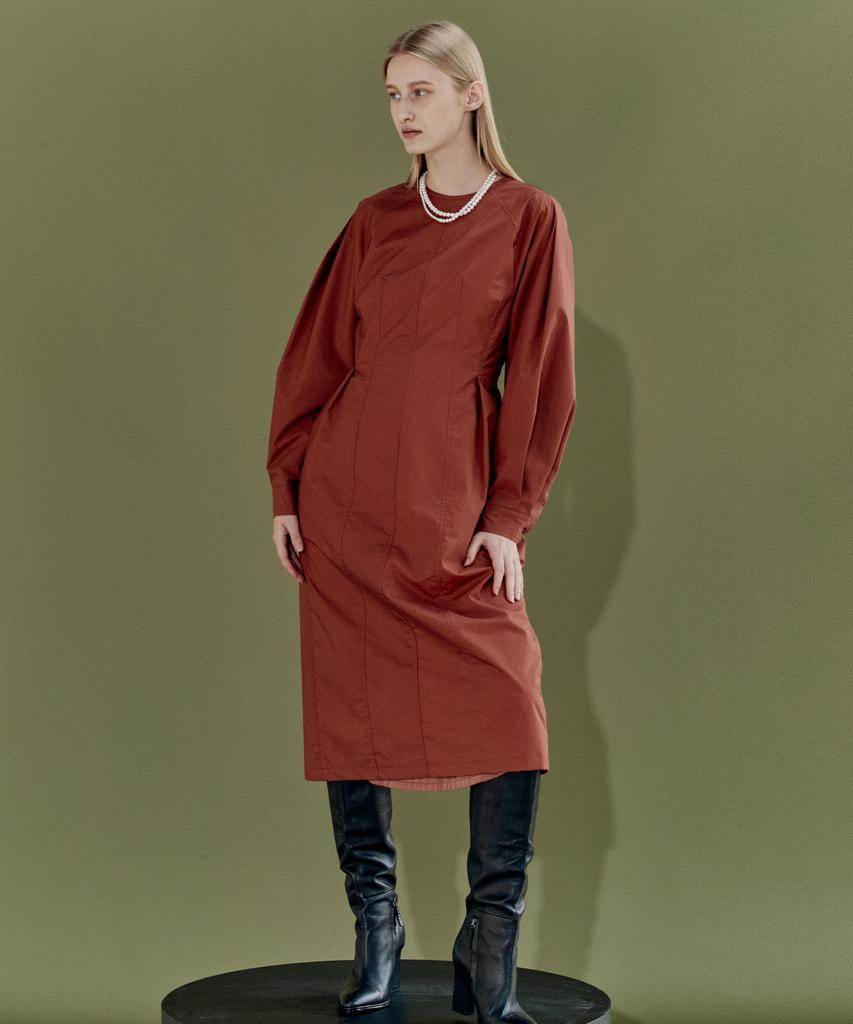 EN OR Volume Sleeve Tuck Dress - Orange