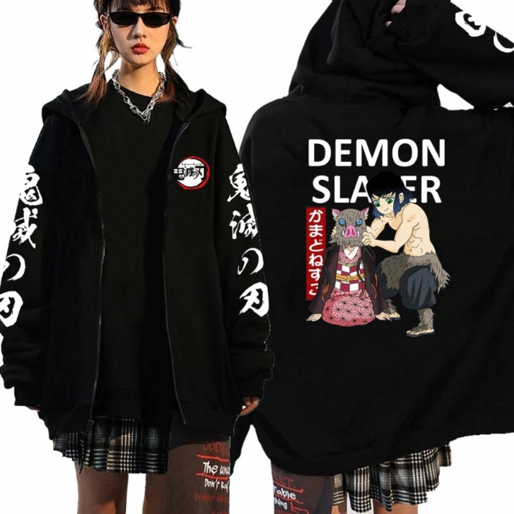 Anime Devil Killer Kamado Nezuko Printed Zipper Hooded Sweatshirt Autumn/Winter Fashion Casual Jacket Coat