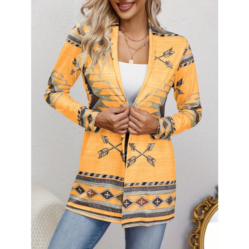 Western Ethnic Print Open Front Cardigan, Casual Long Sleeve Loose Cardigan, Women'S Clothing