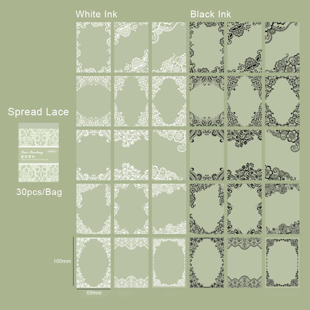 30pcs/pack Unrepeated Patterns Vintage Lace Stickers Black Ink White Ink Various Lace Boarder Sticker Card Journal Scrapbooking
