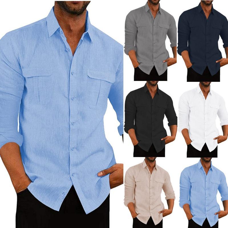 Camicie da uomo europee e americane Camicie a maniche lunghe in cotone e lino con doppia tasca Camicie casual per le feste