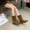 2025 Coarse Heel Vintage Bow Pointed Knight Boots Women's Pointed Tassel Versatile Frosted Suede Medium Boots