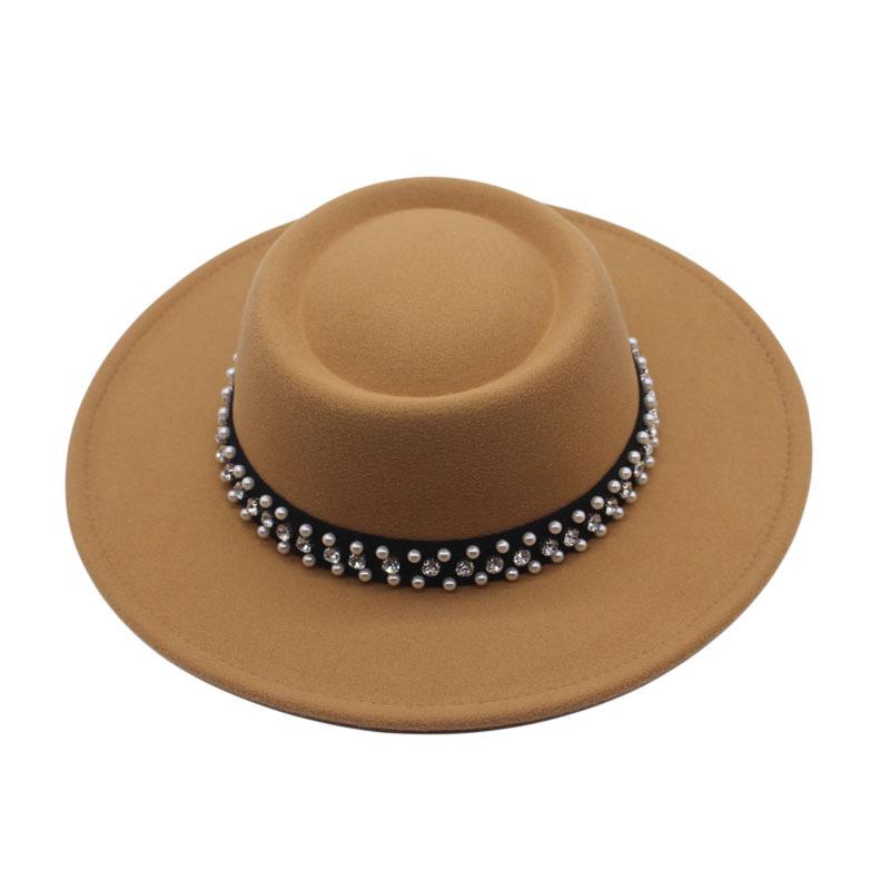 European and American New Autumn and Winter Wool Woolen Big-brimmed Jazz Hat Female Concave Top Black Top Hat Pearl Rhinestone Felt Hat