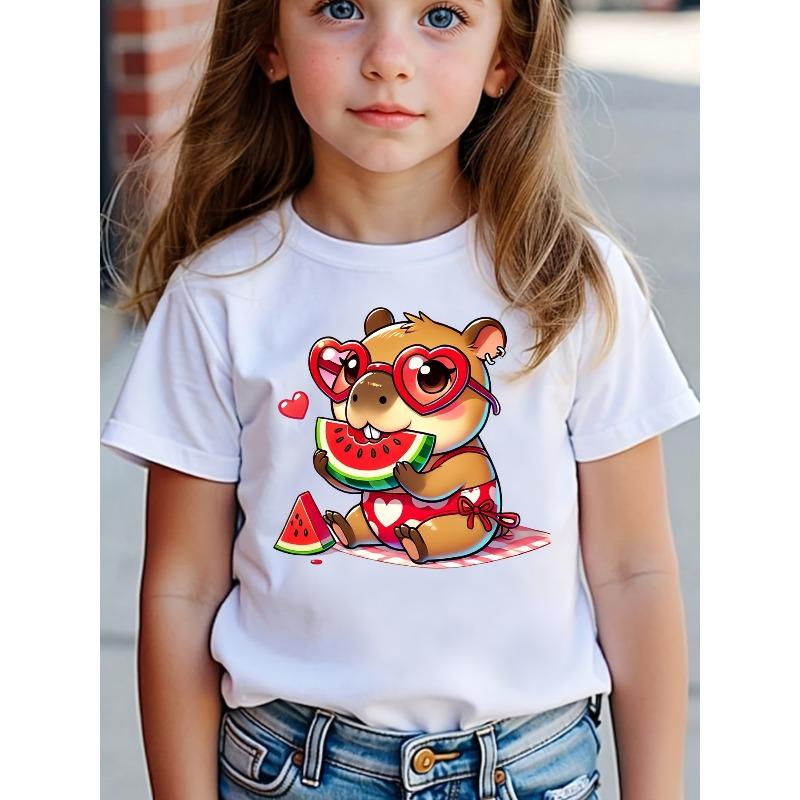 Girls Crewneck T-Shirt, Cute Capybara & Watermelon Cartoon Print Short Sleeve Summer Casual Tee 110 белый
