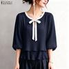 ZANZEA Women Elegant Casual Round Neck 3/4 Sleeve Loose Pleated Blouse