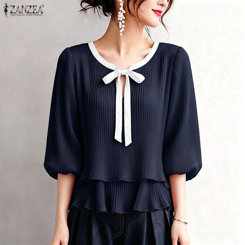 ZANZEA Women Elegant Casual Round Neck 3/4 Sleeve Loose Pleated Blouse