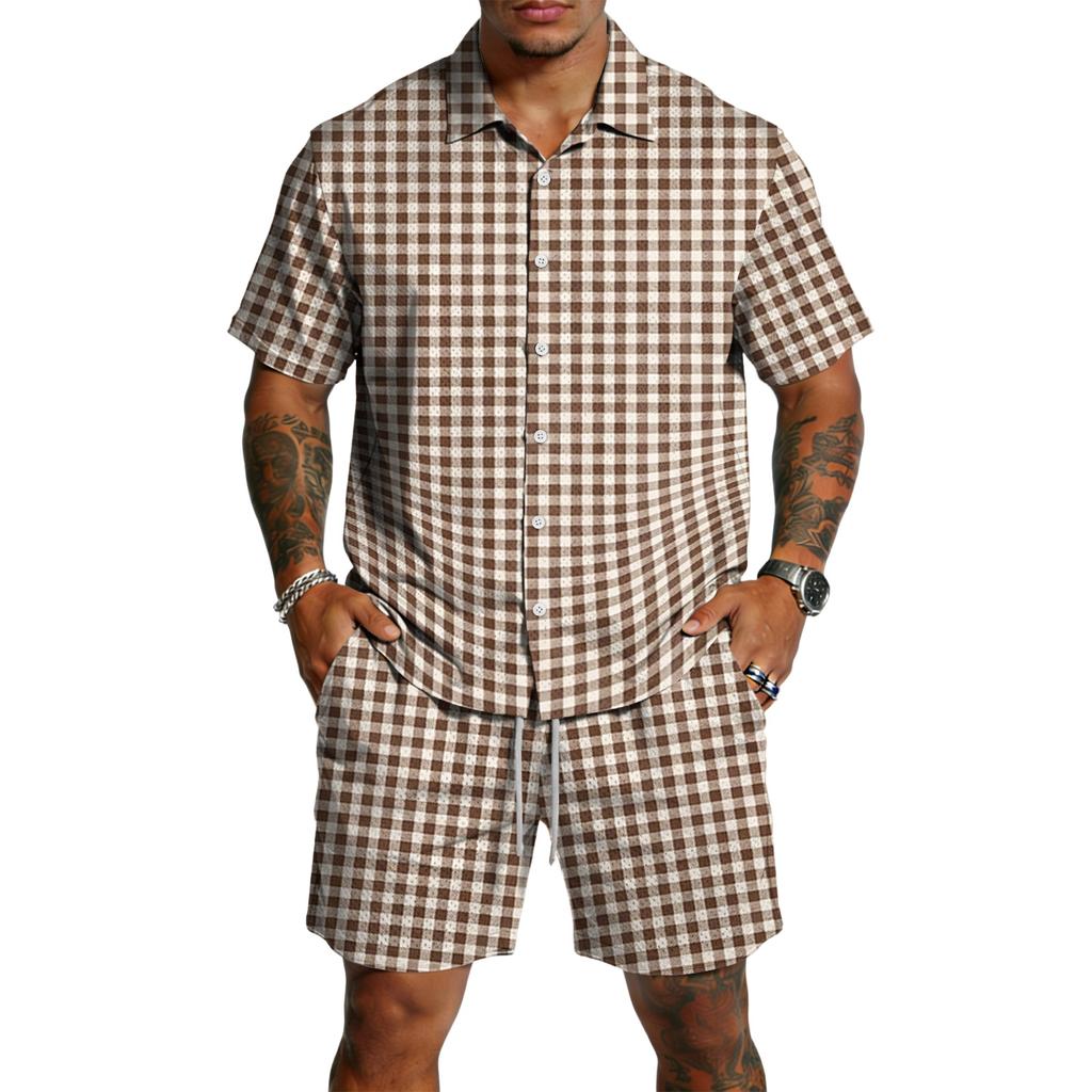 Men's Casual Two Piece Set Short Sleeve Button Down Shirt with Matching Shorts Lightweight Summer Outfit for Outdoor Activities