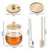 Cute Glass Honey Pot Honey Jar 280ml Honey Container with Dipper, Wooden Lid, and Wooden Stand, Includes Honey Sticks, Transparent, Perfect for Breakf