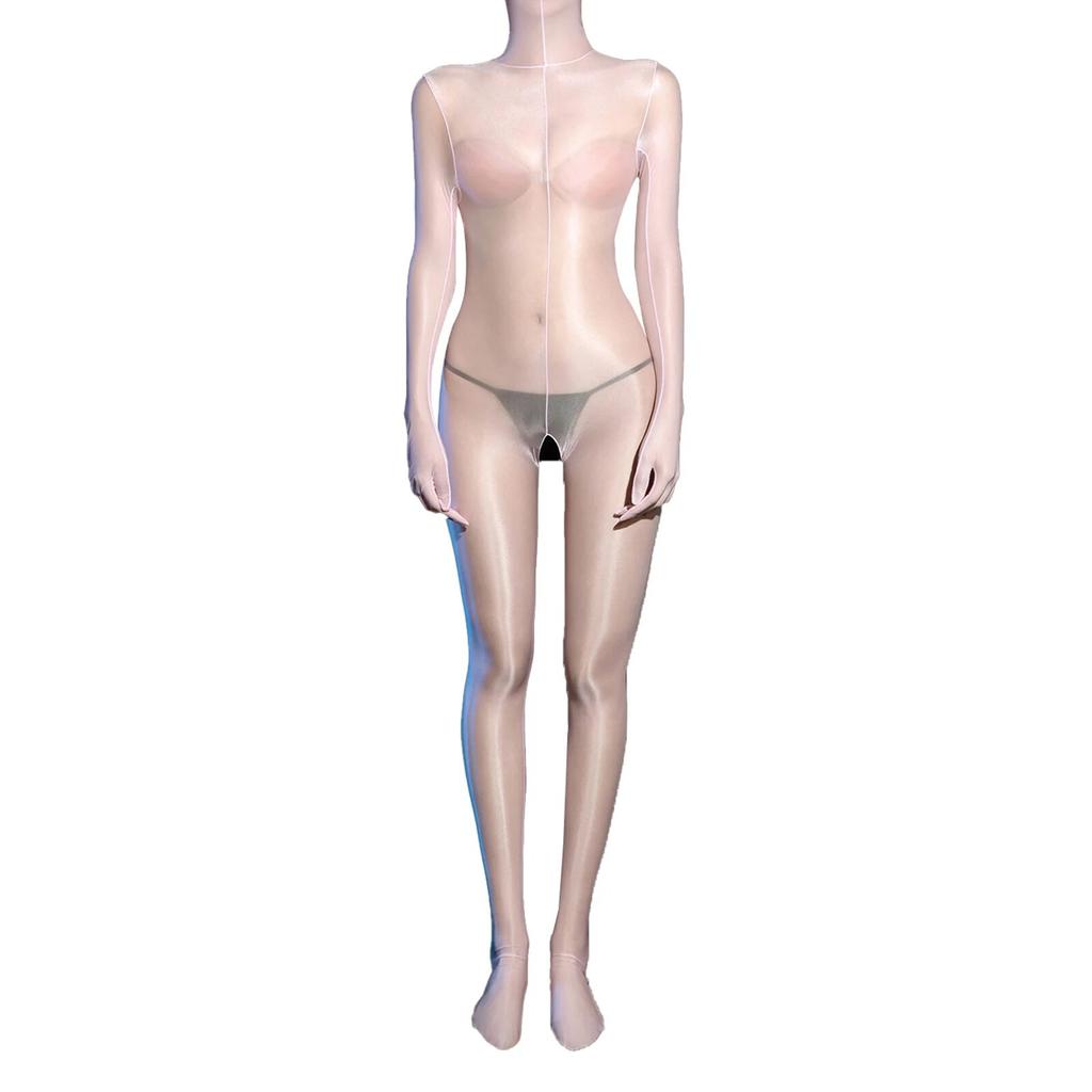 Womens Glossy Sheer Bodystocking Bodysuit Fully Head Hands Covering Crotchless See-Through Tempting Teddies Lingerie Nightwear