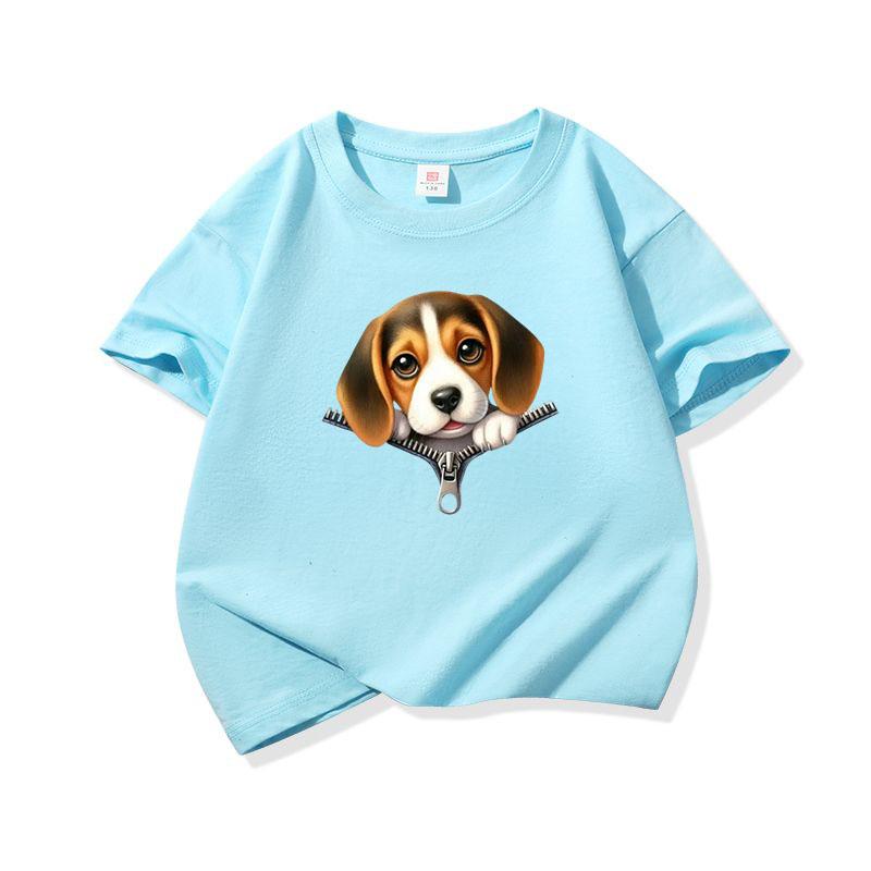 Kids Cotton T Shirt Cute Beagle Puppy Dog Zipper Print Crew Neck Short Sleeve Tee Casual Breathable Boys Girls Summer Tops