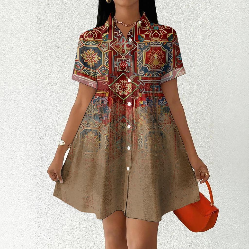 Women’s Casual Loose Fit Shirt Dress Button Front Stand Collar Short Sleeve Relaxed Tunic Dress with Geometric Print