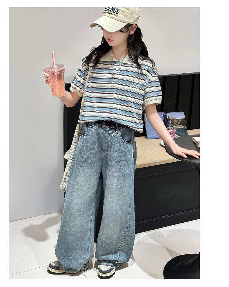 Gestreiftes Polo-Shirt und Jeans-Hose mit weitem Bein für Mädchen - Koreanischer Stil Lässige Sommer-Mode