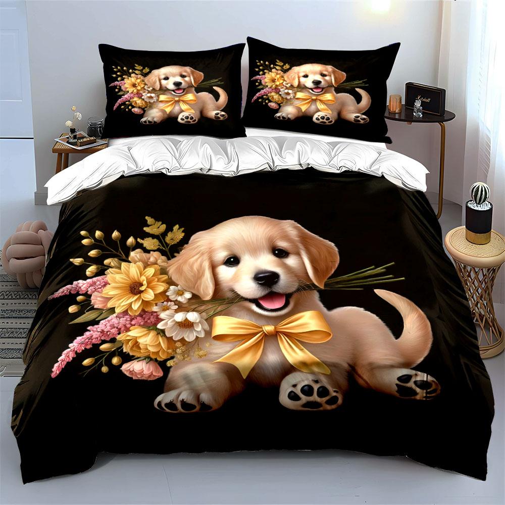 "Adorable Puppy Floral Gift Set" Exquisite Three-piece Bedding Set Gift for Kids and Adults